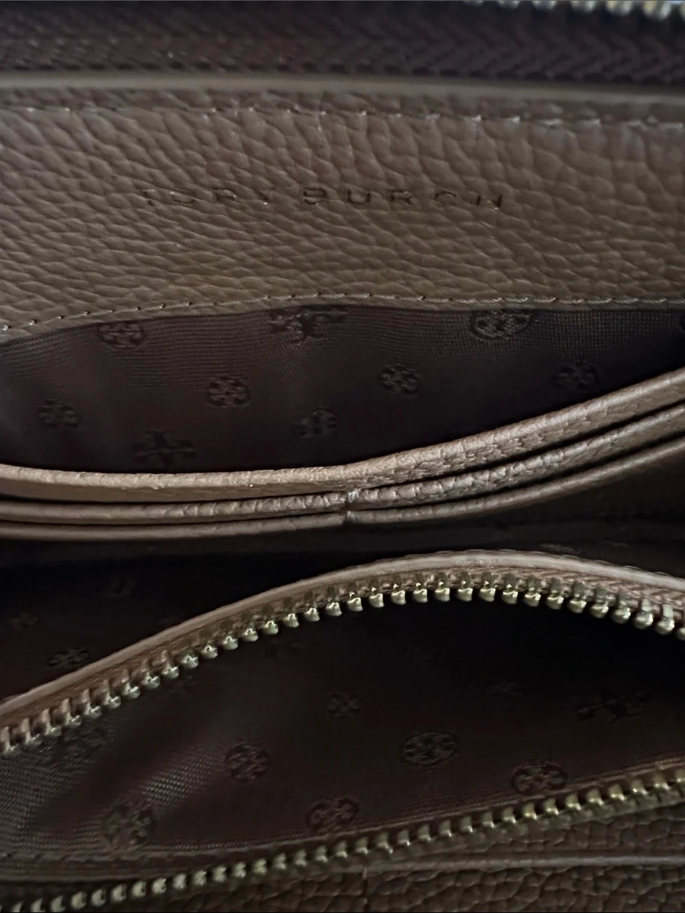 Tory Burch Brown Leather Zip Wallet with Gold Logo
